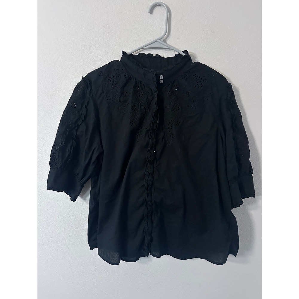 J.Crew Blouse XXL Black Mockneck Eyelet Ruffle Button Front Cotton Top